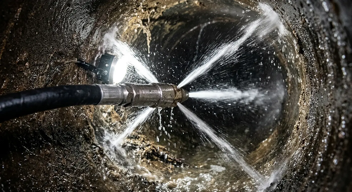 High-pressure hydro jetting nozzle cleaning sewer pipe for Emergency Drain Service in Phenix City
