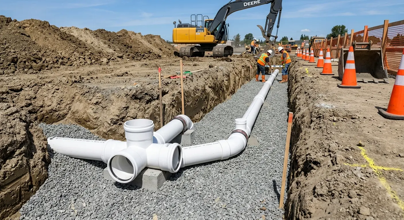 New PVC sewer pipe installation in open trench for Sewer Backup in Phenix City
